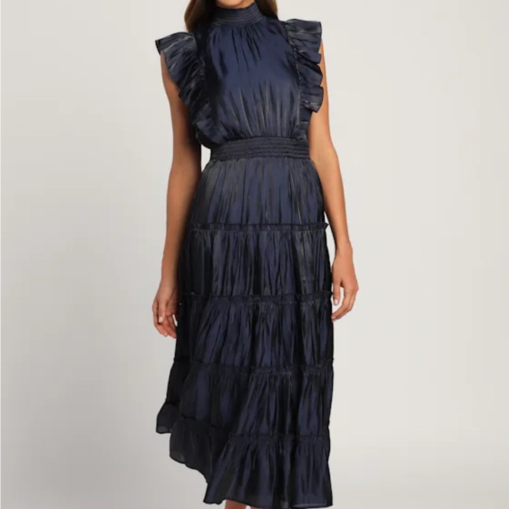 Lulu's Navy Blue Ruffle Midi Dress
